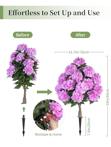 BLOSMON Hydrangea Topiary Trees Artificial - Outdoor 2 Packs 33" Pink Fake Flower Ball Tree for Front Porch Planters Urns Decor - 20 Heads Faux Hydrangea Bush Plants with Spike for Garden Yard Patio - color: Pink