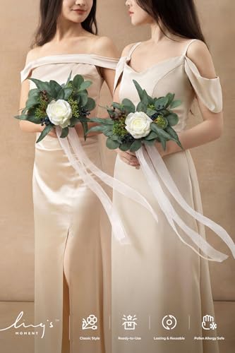 Ling's moment Artificial Bridesmaid Bouquets Set of 6 Eucalyptus Wedding Flower Bouquets White Floral Bouquet Bridal Bouquets with Ribbon Ceremony,Anniversary,7-inch Diameter - color: Wht-white