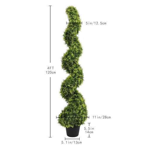 4ft Spiral Boxwood Topiary Trees Artificial Outdoor Set of 2 - UV Resistant Faux Plants for Outside Planters, 48" Fake Twisted Tree for Front Porch Decor - color: Pine Needle, size: 4FT