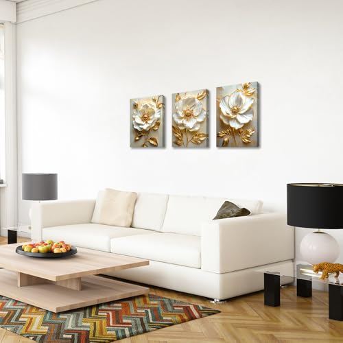 WENGTIAO Modern White Floral Golden Leaves Canvas Wall Art Set, Neutral 3d Flowers Wall Painting Pictures Boho Beige Blossom Wall Decor Posters Print Artwork for Bedroom Living Room Office 12x16x3Pcs - color: Flower-golden leaf, size: 12"x16"x3Pcs