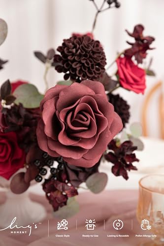 Ling's moment Artificial Wedding Flowers Combo, Fake Greenery for DIY Bouquets Centerpieces Decorations Foam Rose Hydrangea Kit with Stems for Party Home Decor, Burgundy & Black Baccara, Deluxe Combo - color: Burgundy & Black Baccara, size: Deluxe