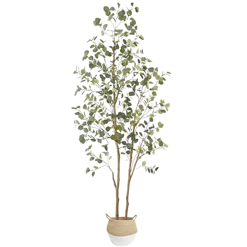 Warmplants Artificial Eucalyptus Tree, 8ft Large Fake Silk Leaves Eucalyptus Plant with Basket, 96” Faux Tree for Home Office Livingroom Floor Decor Indoor Outdoor - size: 8ft