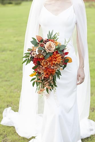 Ansofi 11" Burnt Orange Wedding Bouquets for Bride Rustic Boho Cascading Bridal Bouquet Flowers for Fall Vintage Wedding Party Ceremony Decor - color: Bridal Bouquet, size: 17.72 inches high, 11 inches in diameter