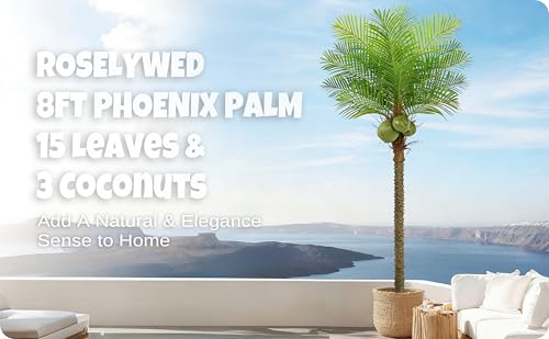 Roselywed Artificial Phoenix Palm Tree 8FT with 15 Leaves & 3 Coconut Fruit & Real Bark Tropical Areca Sago Palm Tall Large Faux Plant 94 Inch Black Pot for Indoor Outdoor Home Poolside Mall Decor - size: 8ft