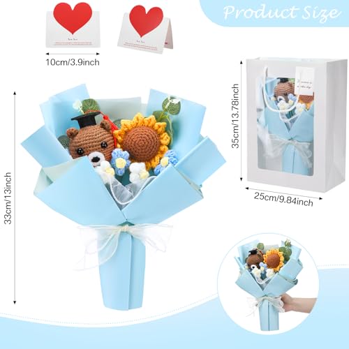 Graduation Crochet Flower Bouquet Set Includes Knitted Bear Knitted Sunflower Daisy Eucalyptus Greeting Card Gift Bag 2026 Blue Flower Bouquet Graduation Gift - color: Blue, style: Knitted Bear and Sunflowers