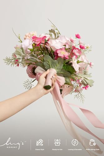 Ling's moment Wedding Bouquets for Bride, Powder Pink & Berry Pink Bridal Bouquets for Bride, 13 Inch Free Form Artificial Wedding Flower Bouquet for Rustic Wedding Ceremony Anniversary - color: Pk- Powder Pink & Berry Pink, size: Small 13 Inch