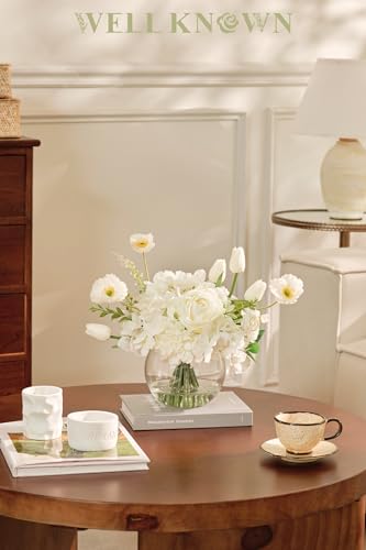WELL KNOWN Artificial Flowers for Table Decoration Silk Hydrangea Flowers with Vase Fake Flower Arrangements in Round Bowl Vase with Faux Water for Summer Spring (White) - color: Mix Hydrangea-white