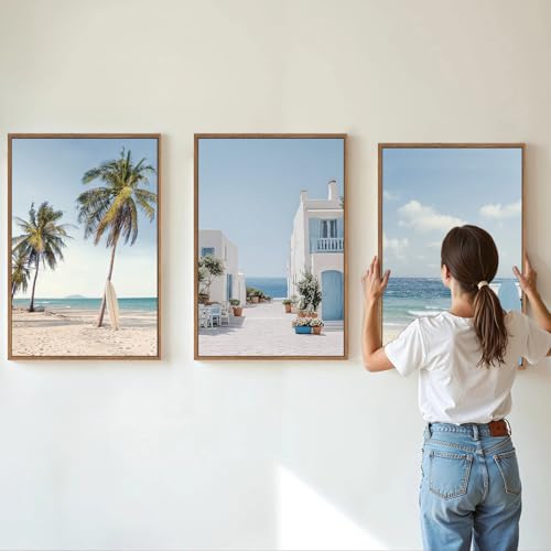 Rantodecor Beach Themed Framed Canvas Wall Art, Palm Tree Surfboard Van Wall Decor, Nordic Blue and White House Art Painting, Modern Relaxing Seascape Artwork for Bedroom Living Room Office 24"x36"x3 - color: Beach Themed, size: 36"x24"