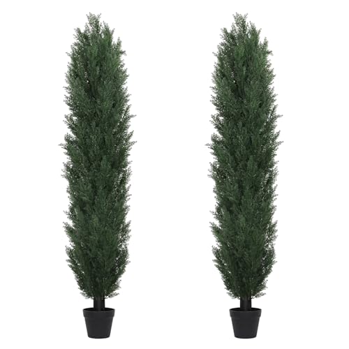THE BLOOM TIMES 6ft Large Topiary Trees Artificial Outdoor Set of 2, UV Resistant Faux Cedar Pine Cypress Bushes & Shrubs, Fake Plants for Front Porch Outside Planter Patio Decor 6 Foot Tall - color: Dark Green Cedar Trees, size: 6 Foot