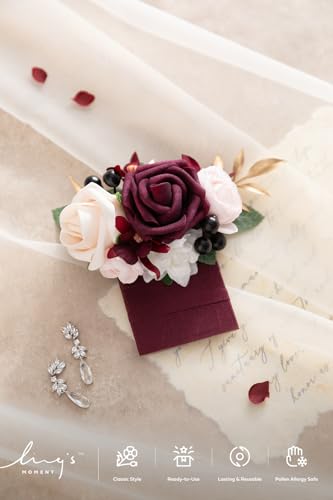 Ling's moment Pocket Boutonniere Single, Boutonniere for Men Groom for Wedding, Prom, Homecoming, Anniversary, Graduation, etc.Marsala Blush, 6" W x 5" H - color: Red-marsala & Blush, size: 6" W x 5" H