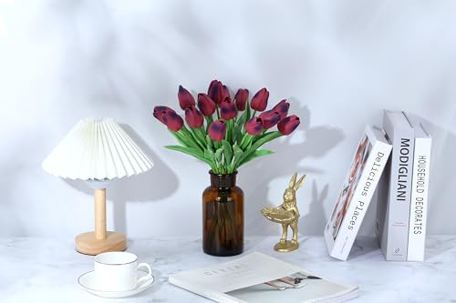 SITUMEIZI 15pcs Tulips Fake Burgundy Artificial Flowers Real Touch 14" PU Flower for Home Decor Easter Spring Wedding Bouquet Decorations Mother's Gift Day Floral Arrangements - color: Burgundy