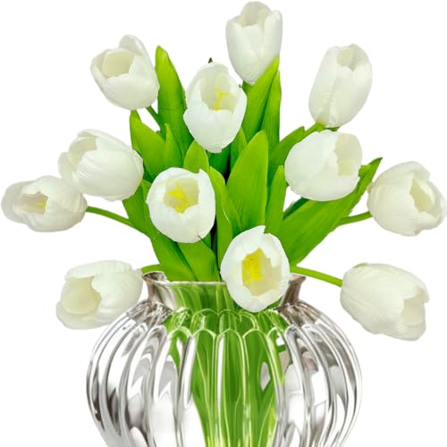 12pcs White Tulips Artificial Flowers Real Touch Silk Fake Flowers Faux Tulip Stems for Wedding Spring Bouquet Floral Arrangement Home Decorations Dining Centerpieces - color: White