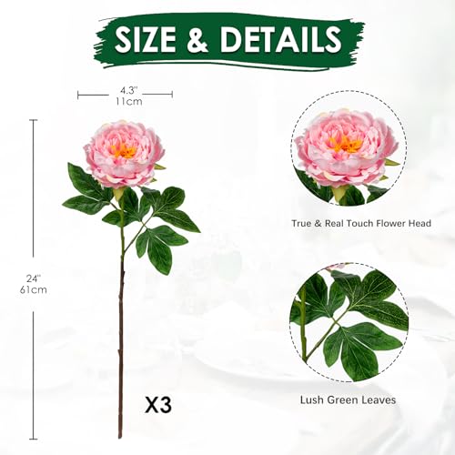Briful 3PCS Peonies Artificial Flowers 24'' Faux Silk Flowers Spray Real Touch Fake Flowers Bouquet for Home Floral Arrangements Centerpiece Wedding Vintage Decor(Pink) - color: Pink