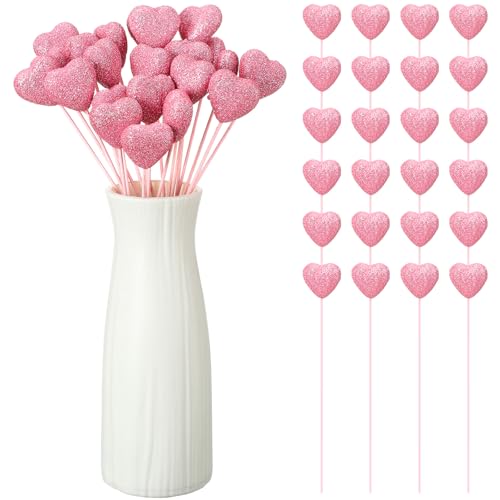 24 Pcs Valentine's Day Glitter Foam Hearts Sticks Foam Heart Picks Sparkly Hearts Stems Puffy Heart Wooden Picks for Valentine Wedding Decorations Flower Arrangements Crafts (Pink) - color: Pink, size: 24 Pcs