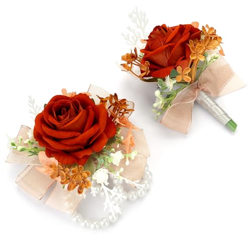 2pcs Orange Corsage Boutonniere for Prom Decor Silk Corsage Wristlet Boutonniere for Men Corsages Artificial Flowers for Wedding Party Suit Decor - color: Orange Corsage - Double-cain