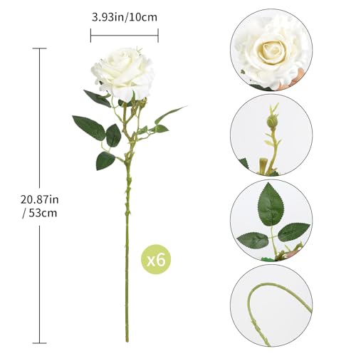 Velvet Rose Artificial Flowers 6Pcs Realistic Fake White Roses Long Stem Faux Flowers for Wedding Bridal Bouquet Home Party Garden Outdoor Decoration(White) - color: White