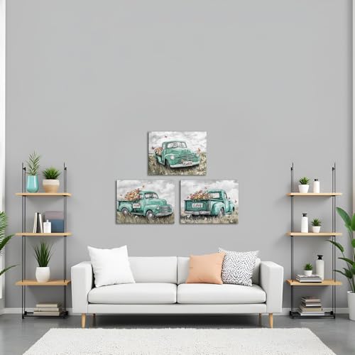 sechars Truck Wall Art Canvas Vintage Farmhouse Decor Faith Hope Love Floral Painting Prints (Green) - color: Green