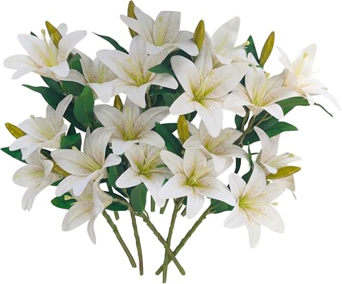 ATFL Artificial Lilies Flowers,9 Pcs Faux Lily Flowers,16''Tiger Lily Branches with 2 Full Blooms and 1 Bud,Faux Fake Lilies Plants for Wedding Bouquet Floral Arrangements (9, Ivory White) - color: Ivory White