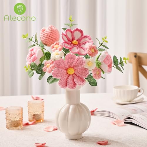 Alecono Crochet Flower Bouquet, Pink Handmade Knitted Flowers, Crochet Tulips Galsang Flower for Mother's Day Anniversary Birthday Graduation Lover Valentines Day Gifts (with Card) - color: Pink, size: Large