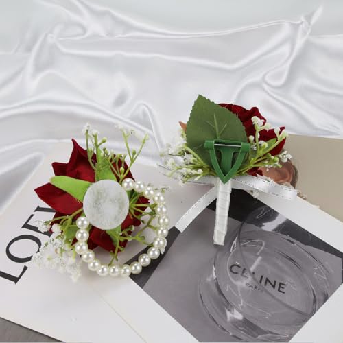 Red Wrist Corsage and Boutonniere Set Rose Silk Corsage for Prom Wedding Brides Pocket Boutonniere for Men Prom Party Decor 2PC - color: Red Corsage - Single Chain