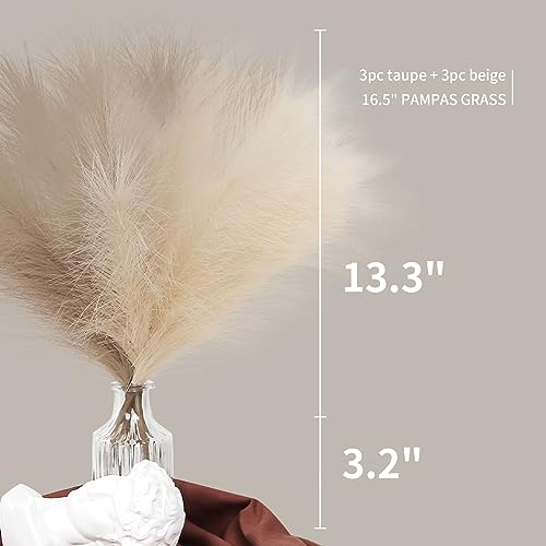 ZIFTY 42-Piece Fluffy Faux Pampas Grass Decor, 6 Hand-Bundled Packs of 7, 17" Short Artificial Pampas Grass Bulk, Boho Fake Flower Vase Filler, Home Wedding Decor, Beige & Taupe - color: Beige & Taupe, size: 17in 6pcs