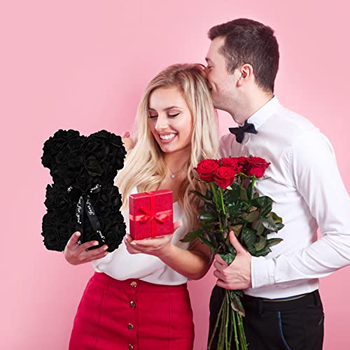 DuHouse 10 inch Rose Bear Artificial Plant for Anniversary, Birthdays, Bridal Showers - Fully Handmade, Unique Gift Box (Black) - color: Black