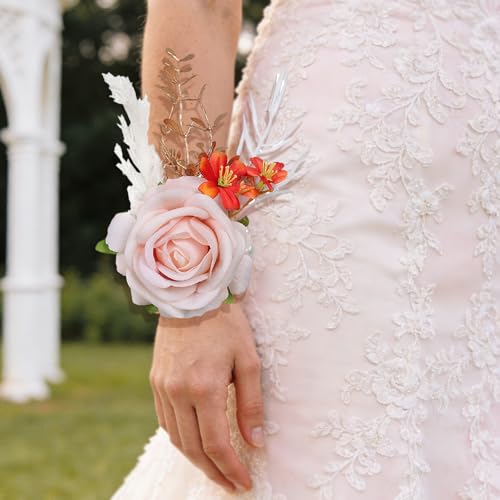 Pink Wrist Corsage and Boutonniere Set, Flower On Wrist for Bride Bridesmaid Wedding, Boutonniere for Men Groom Groomsman Wedding Accessories Prom Party Suit Decorations - color: Wrist Corsage and Boutonniere Set-pink