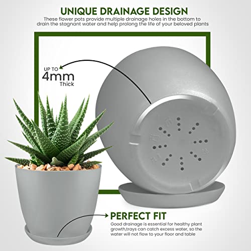 Utopia Home - Plant Pots Indoor with Drainage - 7/6.6/6/5.3/4.8 Inches Flower Pots for Indoor Planter - 5 Pack Plastic Planters - Ideal for Stocking Stuffers or Home Christmas Decorations - Gray - color: Gray, size: Pack of 5