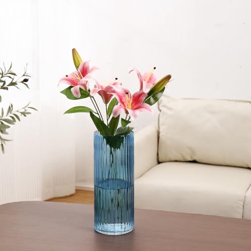 Blue Glass Vase, Glass Flower Vase, Ribbed Glass Vases, Blue Vase, Tall Cylinder Vases for Centerpieces, Living Room, Bedroom, Dining Table, Office, Wedding, Bookshelf Decoration, 12 Inches - color: Blue, size: 12''
