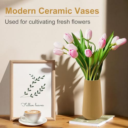 Milk Coffee Ceramic Vase, GUKJOB Small Cute Flower Vase for Pampas Grass, Home, Living Room, Dining Table, Farmhouse, Office Decor, Bedroom, Table, and Kitchen Shelf (Milk Coffee) - color: Milk Coffee