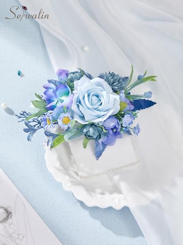 Serwalin 2Pcs Corsage and Boutonniere Set,Blue Rose Corsage Wristlet and Pocket Boutonniere for Prom Wedding Homecoming Anniversary Graduation - color: Blue
