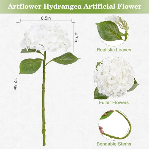 Artflower 8Pcs Real Touch Hydrangea Artificial Flowers, 22.5'' White Full Latex Faux Hydrangea Flowers for Home Floral Arrangements Wedding Bouquets Kitchen Table Centerpiece Decorations - color: White, size: 8 Pcs