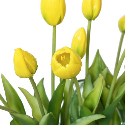 DUYONE 15Pcs Artificial Tulips Flowers, Soft Touch Realistic Latex Tulips Bouquet for Home Office Wedding Party Garden Decor, Fake Flowers for Centerpieces Dining Table Living Room Spring-B Yellow - color: B Style-15pcs Yellow (No Vase)
