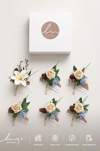 Ling's moment Boutonniere for Men, 6pcs Groom Groomsmen Boutonniere, Artificial Flowers for Wedding Decor/Prom/Homecoming, etc.Earth Brown & Tawny Beige - color: Earth Brown & Tawny Beige