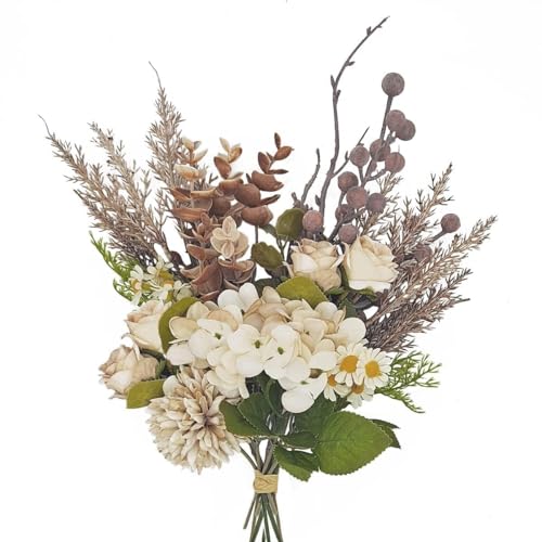 12-inch Small Fake Silk Flowers Fall Bouquet Faux Centerpieces with Roses, Dandelions, Hydrangea, Daisies, Hollyberries - Realistic Artificial Floral Arrangements for Home Kitchen Decor - color: Brown