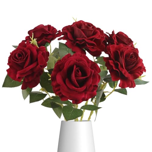 6Pcs Burgundy Roses Artificial Flowers Real Touch Velvet Roses Fake Flowers with Stems for Vase Table Centerpiece Home Wedding Party Garden Decoration(Dark Red) - color: Dark Red