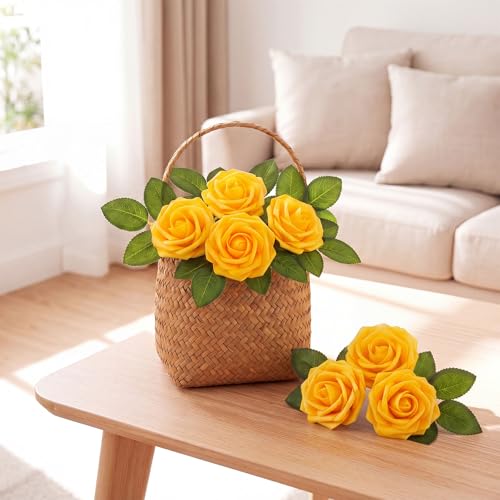 50 Pcs Artificial Foam Rose Flower Faux Bouquet Wedding Fake Rose Gift for Mother's Day Women DIY Bridal Shower Party Table Birthday Home Spring Decor (Yellow) - color: Yellow