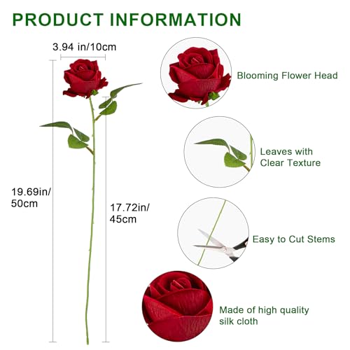 19.6" Artificial Flowers Roses Touch Fake Rose Bouquet Flower Stem for Wedding Centerpieces DIY Wreath Home Decorations Silk Roses Mothers Party Fake Outdoor Flowers Decor(50PCS Red) - color: Red 50pcs