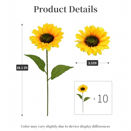 10 Pcs Artificial Sunflowers, Sunflowers Artificial Flowers with Stems, Faux Silk Huge Fake Flower Bouquet for Vase Decor Wedding Table Home Porch Indoor Outdoor Cemetery Decoration (Yellow, 6-Inch) - size: 6-Inch
