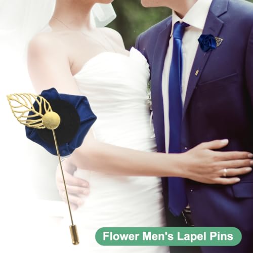 M METERXITY 1-Pack Flower Lapel Pins for Men, Golden Leaf Rose Boutonnieres Pin Groom Boutonnieres for Wedding/Dance/Party, Men Lapel Pins for Suits Satin Flower Corsage [Navy Blue] - color: Navy Blue