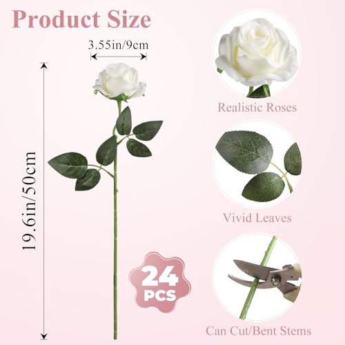 Nubry 24pcs Artificial White Roses, Fake Silk Roses Flower with Long Stems, Realistic Flowers for Bridal Wedding Party Table Centerpiece Home Decor - color: White