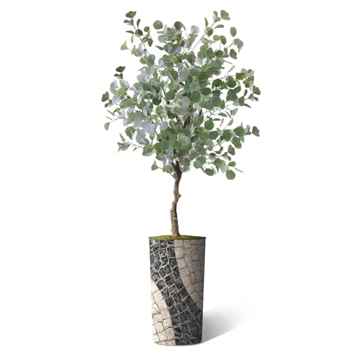 Artificial Tree in Geometric Pattern Planter, Fake Eucalyptus Silk Tree for Indoor and Outdoor Home Decoration - 66" Overall Tall (Plant Pot Plus Tree) - style: Eucalyptus Tree
