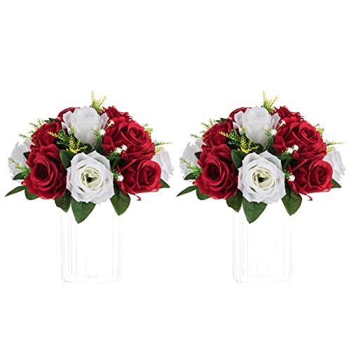 NUPTIO Artificial Flower Centrepieces for Tables: Crimson White Fake Roses | 2 Pcs 9.5 inch Floral Balls Arrangement for Wedding Birthday Party Anniversary Christmas Decorations - color: Crimson & White, size: 2 Pcs