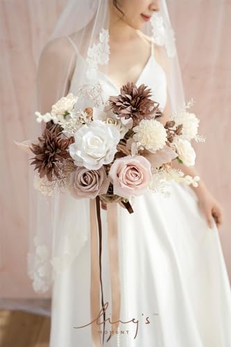 Ling's moment Artificial Flowers Fake Silk Roses Faux Foam Dahlia Combo for DIY Wedding Bouquets Centerpieces Arrangements Bridal Shower Party Home Decorations, Morandi Peach & Cream, 24pcs - color: Pk-morandi Peach & Cream