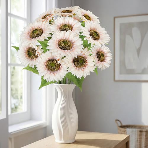 12Pcs 25.6" Artificial Sunflowers Long Stem Artificial Flowers for Tall Vase 5.9" White Fake Sunflowers Bouquet Spring Summer Flower Arrangements for Table Centerpieces Home Wedding Party Decor