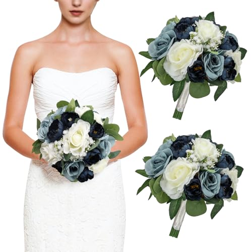 Set of 2 Navy, Dusty Blue & White Silk Rose & Peony Bridesmaid Bouquets, 11 Inch Round Wedding Decorations - color: Navy & Dusty Blue, size: Set of 2 Bouquets