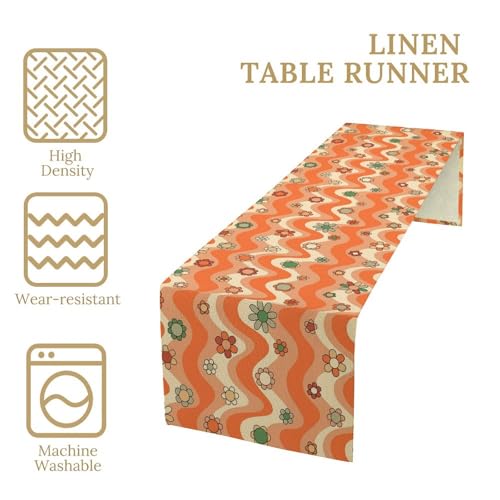 Retro Groovy Hippie Table Runner Vintage Colorful Floral Geometric 1970s Boho Trendy Wavy Dinner Runner for Country Farmhouse Kitchen Birthday Party Holiday 36X13inch - color: Bohoflower-5, size: L36"x W13"