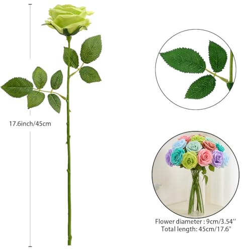 15pcs Green Fake Roses Artificial Silk Flowers Faux Rose Flower Long Stems Bouquet for Arrangement Wedding Centerpiece Party Home Kitchen Decor - color: 15pcs Green