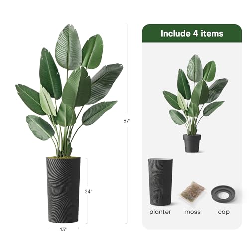 Artificial Tree in Geometric Spiral Pattern Planter, Fake Bird of Paradise Silk Tree for Indoor and Outdoor Home Decoration - 67" Overall Tall (Plant Pot Plus Tree) - style: Bird of Paradise