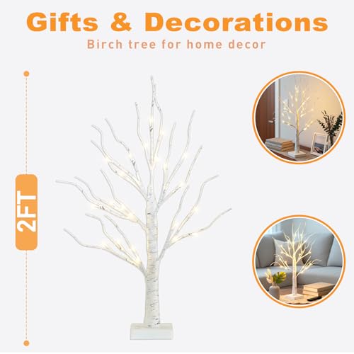 PEIDUO Christmas Decorations for The Home, 2FT BirchTree with LED Lights, Warm White Tree Lamp, Fairy Light Spirit Tree for Room Inside Fireplace Home Decor, Battery Powered, Timer (4PK) - style: 4PK Birch Tree